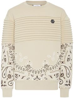 beige cotton embroidered logo logo patch to the front paisley print pleat detailing round neck long sleeves ribbed cuffs and hem Luxury Cotton Sweater With Ribbed Cuffs, Beige Long Sleeve Sweatshirt With Ribbed Cuffs, Luxury White Cotton Sweatshirt, Luxury Cotton Sweatshirt With Embroidered Logo, Designer White Cotton Sweatshirt, Designer Crew Neck Sweater For Spring, Luxury Cotton Sweatshirt For Fall, Designer Sweatshirt With Embroidered Logo And Crew Neck, Designer Crew Neck Sweatshirt With Embroidered Logo