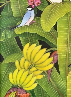 two birds sitting on top of bananas in the tree next to other plants and flowers