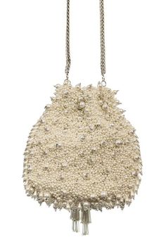 Ivory velvet handcrafted potli bag with raw silk lining, pearl work, sling chain and drawstring.
Type: Pearl Work
Composition: Velvet, Lining: Raw Silk
Color: Ivory
Tassel details
Detachable sling chain
Closure: Pull-out drawstring
Size LxW (in inch): 8.5x8.5 - Aza Fashions Luxury White Evening Bucket Bag, White Formal Pouch Bucket Bag, Formal White Pouch Bucket Bag, White Evening Pouch Bucket Bag, White Pouch Bucket Bag For Evening, White Evening Bucket Bag Pouch, Elegant Cream Bucket Bag With Dust Bag, Luxury Beaded Potli Bag For Evening, Luxury Beaded Evening Potli Bag