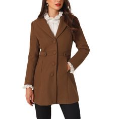 This women's winter coat boasts a timeless notched lapel that exudes sophistication and elegance. The single-breasted button-down front adds a touch of refinement to any outfit. A must-have option for the new season, add new styles to your wardrobe. Featuring a soft lining and comfortable fit, this winter coat is perfect for those who want to stay warm without sacrificing comfort. It's designed to keep you cozy, even on the coldest of days. Can be dressed up or down. Pair it with jeans and ankle Tailored Winter Blazer With Button Closure, Classic Collared Outerwear For Office, Semi-formal Pea Coat With Button Closure And Long Sleeves, Pea Coat With Button Closure For Semi-formal Events, Winter Single Breasted Blazer With Lapel Collar, Winter Single-breasted Blazer With Lapel Collar, Fall Blazer With Suit Collar And Buttons, Collared Winter Blazer For Workwear, Winter Pea Coat With Button Closure And Suit Collar