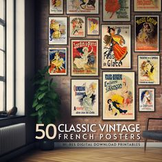 an old poster advertises the 50 classic vintage french posters in this living room