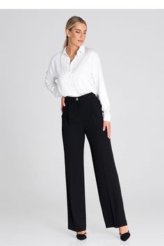 We present pants that combine comfort and elegance. They are long and wide, which provides freedom of movement and comfortable wearing. The button closure is practical and stylish, and the edge adds elegance to the pants. In addition, the pants are higher in the waist, which gives them a modern touch. They are an excellent choice for many occasions, from formal meetings to more casual situations. These pants will highlight your individual style and make you feel both comfortable and fashionable. Polyester 100 % Size Lenght Inseam Hips width Waist width L 111 cm 29 cm 112 cm 78 cm M 110.5 cm 28.5 cm 108 cm 74 cm S 110 cm 28 cm 104 cm 70 cm XL 111.5 cm 29.5 cm 116 cm 82 cm Elegant Workwear Pants With Button Closure, Versatile Black Wide Leg Pants For Formal Occasions, Elegant Workwear Pants With Button Cuffs, Elegant Office Pants With Button Closure, Black Wide-leg Dress Pants For Office, Versatile Black Formal Pants, Formal Bottoms With Buttons, Ankle-length Business Casual Pants With Buttons, Versatile Solid Pants With Button Closure