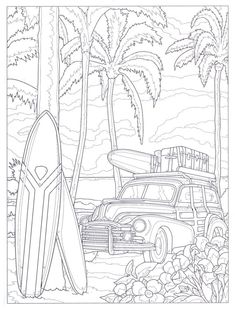 a coloring page with an old car and surfboard on the beach in front of palm trees