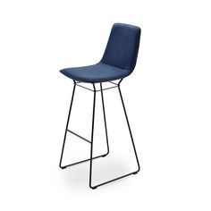 a blue stool with metal legs on an isolated white background, the seat is upholstered