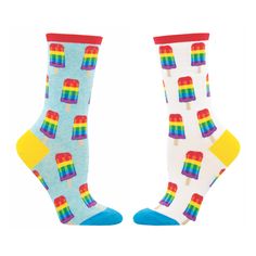 Variety is the spice of life, no? It applies to love, food, and socks as well. These Rainbow flag colored popsicles are so sweet! Crew socks with a rainbow popsicle pattern. Available in BLUE or WHITE One Size Fits Most. Sock size 9-11 fits U.S. women’s shoe size 5-10.5. 55% Nylon, 44% Cotton, 1% Spandex. Machine wash cold. No bleach. Tumble dry on low. Popsicle Pattern, Rainbow Flag, So Sweet, Popsicles, A Rainbow, Crew Socks, Love Food, Bleach, Socks