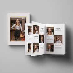 an open brochure with photos on the front and back pages, in white paper