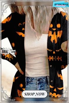 Halloween Printed Long Sleeve Casual Cardigan Halloween Oversized Black Outerwear For Halloween, Halloween Costume Outerwear With Long Sleeves, Fall Costume Party Long Sleeve Tops, Long Sleeve Tops For Costume Party, Fall, Long Sleeve Tops For Costume Party In Fall, Winter Costume Long Sleeve Tops, Black Costume Outerwear For Halloween, Costume Long Sleeve Winter Tops, Casual Long Sleeve Halloween Cardigan