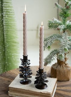 two candles sitting on top of an open book next to a christmas tree and pine cone