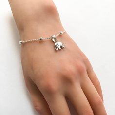 Dainty Elephant Bracelet, Sterling Silver Beaded Bracelet, Elephant Charm Bracelet, Stackable Bracelet, Everyday Wear, Casual Bracelet Silver Beaded Bracelet As Gift, Silver Beaded Bracelet Strap As A Gift, Adjustable Silver Beads Bracelet As Gift, Hand-strung Adjustable Chain Bracelet For Gift, Adjustable Hand-strung Chain Bracelet As Gift, Dainty Adjustable Dangle Charm Bracelet, Silver Hand-strung Friendship Bracelet As Gift, Sterling Silver Beaded Charm Bracelet Gift, Hand-strung Silver Friendship Bracelets As Gift