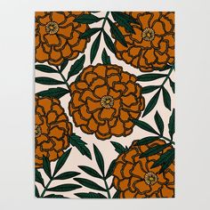 an orange and green flower pattern on a white background