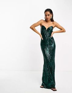 TFNC sequin bandeau maxi dress in emerald green | ASOS Green Strapless Evening Dress For Party Season, Green Strapless Evening Dress For Night Out, Strapless Green Evening Dress For Night Out, Green Strapless Dress For Party Season, Glamorous Green Strapless Dress For Cocktail, Green Sequined Maxi Dress For Party Season, Green Sequined Maxi Dress For Gala, Glamorous Green Strapless Dress For Evening, Glamorous Green Maxi Dress