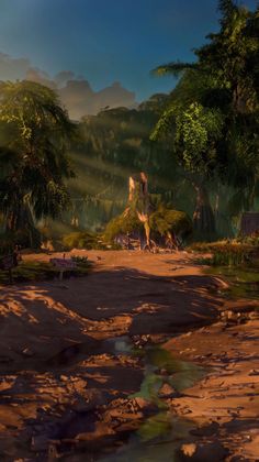 an image of a jungle setting in the middle of the day with people walking around