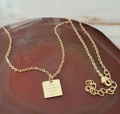 Lovely petite 1/2" (slightly less) gold plated brass square pendant on 16" chain. 1 3/4" plated extender, lobster clasp. In the good words of Abraham Hicks, "things are always working out for me" has become a famous mantra that her teachings have brought across the world as a reminder to always focus on and be grateful and in alignment with the goods things happening to us each and everyday. Adjustable Gold Charm Necklace For Best Friend, Adjustable Hand Stamped Gold Charm Necklaces, Adjustable Gold Hand Stamped Charm Necklaces, Meaningful Gold Nickel-free Charm Necklace, Gold Inspirational Hand Stamped Charm Necklace, Inspirational Gold Hand Stamped Charm Necklace, Gold Rectangular Necklace For Best Friend, Gold Rectangular Jewelry For Best Friend Gift, Mother's Day Gold Charm Necklace With Square Pendant