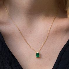 Sep 23, 2020 - An Elegant and simply stunning Green Emerald necklace. This handmade piece of jewelry is set with a 8x6 Green Emereald Chatham in the deepest and most beautiful Colombian Green.. The setting itself is vintage inspired in its simplicity and holds the stone securely whilst allowing for maximum light Classic Gold Plated Gemstone Necklaces, Fine Jewelry Gold-plated Birthstone Necklaces, Fine Jewelry Gold Plated Birthstone Necklaces, Gold Plated Birthstone Necklace Fine Jewelry, Gold Emerald Necklace With Jewels, Gold Emerald Necklace With Jewels In Fine Jewelry Style, Elegant Square Pendant Necklace With Faceted Detail, Faceted Yellow Gold Necklaces For May Birthstone, Yellow Gold Emerald Necklaces With Jewels