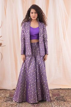 Shades of purple blazer with floral woven motifs. Paired with bustier and woven sharara. - Aza Fashions Formal Festive Set With Unstitched Blouse, Purple Semi-stitched Formal Set, Purple Formal Sets For Diwali, Elegant Purple Palazzo Set For Festive Occasions, Elegant Purple Set With Zari Work, Elegant Purple Sets With Zari Work, Elegant Purple Sets For Diwali, Elegant Purple Palazzo Set With Zari Work, Formal Purple Sets With Zari Work