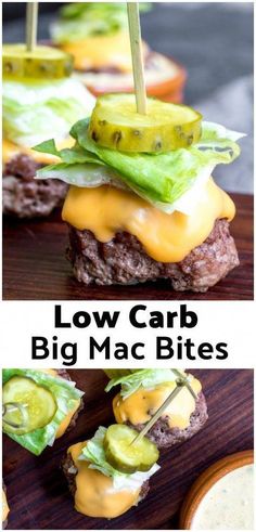 two pictures with the words low carb big mac bites