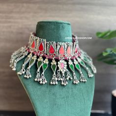 Afghani Mirror Multicolor Navratri Choker Necklace. Cutdana Necklaces For Navratri, Meenakari Necklaces For Navratri Party, Meenakari Necklace For Navratri Party, Multicolor Tilla Jewelry For Gifts, Traditional Necklace For Navratri Gift, Multicolor Choker Necklace For Celebration, Traditional Necklaces As Gifts For Navratri, Traditional Necklaces For Festivals, Traditional Necklaces For Festival Gifts