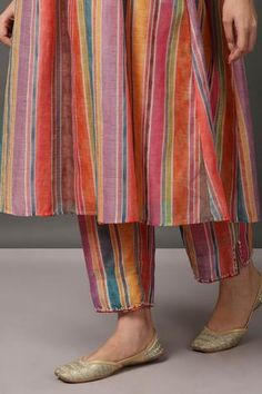 Shop for Nuhh Multi Color Polyester Striped Kurta And Pant Set for Women Online at Aza Fashions Stripes Kurta Women, Stripes Kurti Designs Latest, Striped Kurta, Striped Set, Kurti Designs Latest, Designer Salwar Suits, Cotton Kurti