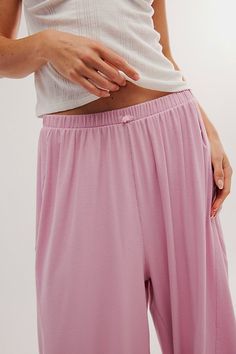 Get comfy in these ultra-wide leg lounge pants from Intimately, featured in our signature cotton rib with a sweet bow detail. **Fit:** Low-rise, oversized fit **Features:** Extra wide legs, cotton ribbed fabrication, elastic waistband, pull-on design, bow detail, drop crotch, seamed details **Why We | Downtime Wide Leg Pants by Intimately at Free People in Pink, Size: L Wide Leg Lounge Pants, Ultra Wide, Trouser Style, Wide Legs, Lounge Pants, Bow Detail, Wide Leg Trousers, Boho Outfits, Oversized Fits