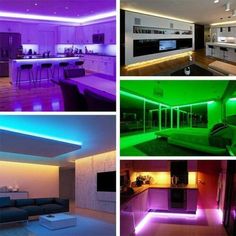 four different types of lighting in a living room, kitchen and dining area with couches