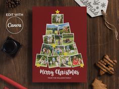 a christmas card with photos on it next to other holiday decorations and items that include cookies