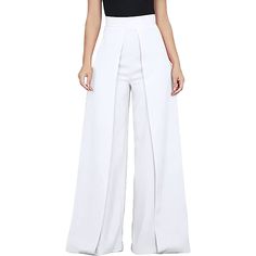 White Back Zipper Casual Wide Leg Pants Chic Spring Bottoms With Side Zipper, High Waist Bottoms With Side Zipper For Spring, Spring Wide Leg Bottoms With Zipper Closure, Elegant High Waist Pants With Zipper Closure, Straight Pants With Zipper Closure For Spring, Ankle-length Pants With Zipper For Spring, Spring Full Length Pants With Zipper Closure, Spring Ankle-length Pants With Zipper Closure, Spring Full Length Pants With Zipper