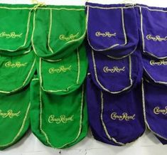 "This listing is for (1) Lot of Crown Royal Medium size Purple and Green Drawstring Bags as seen in the pictures. The number of bags in the lot you will receive is based on which quantity you pick. Approximately 8-9\" in length. The bags are from a large quantity we received, and in good used condition. They do have wrinkles from storage. You will receive the exact items you see in the pictures. Please closely examine the photos for the best look possible! Thank you for your interest in our list Cameron King, Royal Theme Party, Crown Royal Quilt, Crown Royal Bags, Royal Theme, Fabric Crown, Fabric Drawing, Masks Crafts, Gnomes Crafts