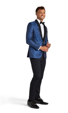 This royal blue paisley tuxedo coat with a shawl lapel is a fun look for a party or formal event where you want to bring style.  Add black or blue pants to this blue tuxedo and dress it up with a bow tie or dress it down without any tie, but maybe just a pocket square. Royal Blue Tuxedo Suit For Party, Royal Blue Notch Lapel Suits For Party, Royal Blue Tuxedo Blazer For Party, Tailored Royal Blue Party Suit, Royal Blue Tailored Party Suit, Elegant Royal Blue Tuxedo With Suit Collar, Fitted Blue Tuxedo For Semi-formal Occasions, Fitted Tuxedo Blazer For Gala, Fitted Tuxedo Style Blazer For Gala