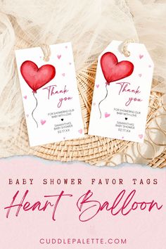 two tags that say, baby shower favors heart balloon