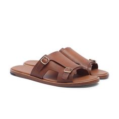 Calf Leather Double Strap Sandals With Buckle, Calf Leather Double Strap Sandals With Buckle Closure, Double Strap Calf Leather Sandals With Buckle Closure, Leather Sandals With Gold Buckle, Leather Sandals With Gold Buckle And Round Toe, Brown Open Toe Sandals With Gold Buckle, Classic Leather Sandals With Gold Buckle, Classic Sandals With Tang Buckle In Calf Leather, Leather Toe Ring Sandals With Buckle Closure