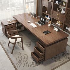 a wooden desk with drawers and a chair next to it