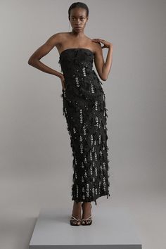 Fall '24: Allow Our Latest Collection Of Autumn Pieces To Inspire You For The Season Ahead. Feel Elegant In Our Midi Dress, Made With Uniquely Textured Fabric, With A Fitted Silhouette That Flaunts The Figure, And Sparkling Crystal Detailing. Style This Dress With Pointed Toe Heels For An Outfit That Will Turn Heads From Evening Plans To Party Nights. Crystal Embellished Textured Jacquard Bandeau Tailored Midaxi Dress High Quality Textured Jacquard Fabric Formal Fitted Silhouette Sparkling Crystal Embellishments Bandeau Neckline Figure Hugging Silhouette Flattering Midi Length Thigh High Leg Split In Back Zip Back Fastening Leg Split, Hugging Silhouette, Midaxi Dress, Petite Coat, Fall 24, Embellished Gown, Fall Outfits For Work, Tailored Dress, Pointed Toe Heels