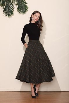 Dark Green Grid Wool Skirt Long Woolen Wool Party Skirt | Etsy Winter Dress With Long Pleated Skirt, Winter Long Pleated Dress, Elegant Fitted Plaid Skirt, Green Winter Party Skirt, Fall Green Lined Maxi Skirt, Green Lined Maxi Skirt For Fall, Long Green Skirt For Fall, Green Lined Skirt For Fall, Green Full Maxi Skirt For Fall