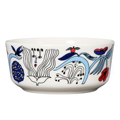 a white bowl with blue, red and black designs on the rim is sitting in front of a white background