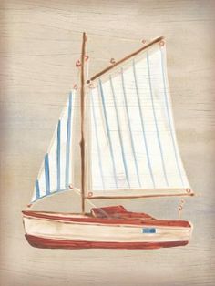 a painting of a sailboat floating in the water with blue and white stripes on it