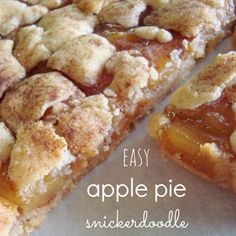 an apple pie is cut in half and ready to be eaten with the words easy apple pie snickerdoodle cookie bars