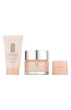 What iti is: A set of three moisturizing skin-care essentials from Clinique.Set includes:- Moisture Surge 100H Auto-Replenishing Hydrator Moisturizer (1.7 oz.): an oil-free face moisturizer with aloe bioferment and hyaluronic acid to deliver instant hydration that soothes skin in three seconds- Moisture Surge Overnight Mask (1 oz.): a creamy, penetrating night mask that helps skin drink deep to replenish lost moisture and build reserves for tomorrow- All About Eyes Cream (0.17 oz.): a refreshing Skin Drinks, Moisture Surge, Night Mask, Clinique Moisture Surge, Overnight Mask, Women Skin, Body Treatments, Skin Care Moisturizer, Skin Care Essentials