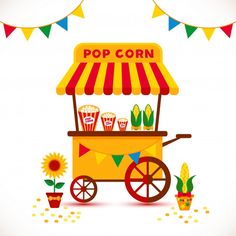 a popcorn cart with sunflowers and corn on the side