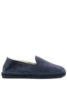 navy blue calf suede round toe slip-on style branded insole flat sole Blue Suede Slip-ons With Contrast Sole, Casual Suede Espadrilles With Contrast Sole, Blue Suede Slip-ons With Rubber Sole, Suede Slip-ons With Textured Sole, Navy Round Toe Slip-ons With Rubber Sole, Flat Suede Slip-ons With Textured Sole, Navy Slip-ons With Rubber Sole And Round Toe, Blue Casual Loafers With Contrast Sole, Casual Blue Loafers With Contrast Sole