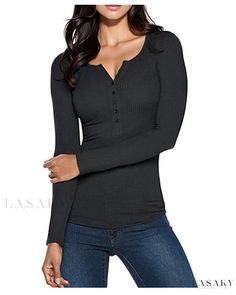 Lasaky - Refined Slim-Fit Buttoned Long Sleeve Undershirt featuring a Low-Cut Design Henley Shirt Women, Womens Henley, Black Tees, Henley Tee, Solid Clothes, Basic Tops, Henley Shirts, Long Sleeve Casual, Black Tee