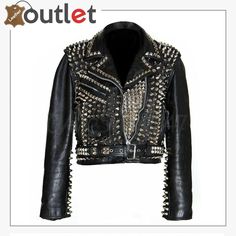 Mens Black Fashion Studded Style Leather Jacket Heavy Metal Outfit, Jaket Motor, Metal Outfit, Studded Leather Jacket, Metal Spikes, Studded Jacket, Chic Leather, Real Leather Jacket, Biker Leather