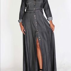 A-Lined Long Sleeve Denim Maxi Dress With Back Waist Elastic, Button Down Closure. 80% Cotton 20% Polyester Dark Wash Long Sleeve Dress With Buttons, Elegant Button-up Denim Dress With Pockets, Elegant Denim Dress With Button Closure For Work, Elegant Spring Denim Dress With Buttons, Elegant Buttoned Denim Dress For Spring, Elegant Long Sleeve Denim Dress With Button Closure, Chic Long Sleeve Denim Dress With Buttons, Elegant Denim Dress With Buttons, Elegant Denim Dress With Button Closure For Fall