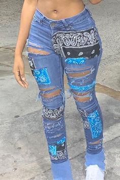 Fashion Casual Patchwork Ripped High Waist Regular Denim Jeans High Rise Patchwork Jeans For Streetwear, Blue Patchwork Cutoff Jeans, High-waist Patchwork Denim Bottoms, High-rise Patchwork Denim Blue Pants, Non-stretch Patchwork Denim Pants, Blue Fashion, Jeans Fit, Denim Fashion, Denim Jeans