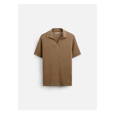 Linen and viscose blend knit polo shirt. Lapel collar with front vent and short sleeves. Rib trim. V-neck Polo Shirt With Ribbed Collar For Work, Casual V-neck Polo Shirt With Ribbed Collar, Casual V-neck Polo Sweater For Summer, Classic Textured Knit Polo Sweater For Summer, Brown Collared Top With Placket, Casual Knit Tops With Collar, Summer V-neck Tops With Ribbed Collar, Short Sleeve Polo Sweater With Ribbed Collar For Spring, Summer Knit Polo Sweater With Polo Collar