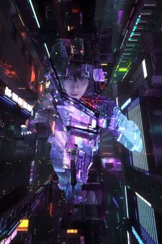 a sci - fi character standing in the middle of a city at night