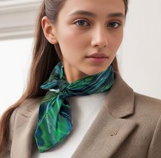 This flirty little 16" mini scarf is just big enough to add a sophisticated accent to your outfit without bulk. "Reaction" is a Fractal design in brilliant emerald green.  Bright colors in art-to-wear on very high quality silk satin tiny scarf with a hand-rolled hem.  * Digitally printed original design * 100% silk satin * Approx. 16" square * Hand-rolled hem * Dry clean or hand wash in cold water * Ironing OK. Use of press cloth recommended. * Arrives packed in an elegant gift-box IMPORTANT SIZ Green Silk Scarf Outfit, Luxury Green Formal Scarf, Trendy Square Silk Scarf As A Gift, Chic Rectangular Silk Scarf As A Gift, Chic Rectangular Silk Scarf For Gifts, Trendy Square Silk Scarf As Gift, Trendy Square Silk Scarf Gift, Elegant Square Scarves For Gifts, Elegant Square Scarf For Gift