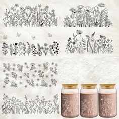 four jars with flowers and butterflies drawn on them