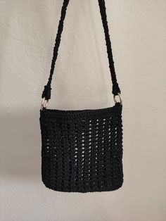 Handmade small size black straw bag suitable for daily casual boho style. Made by me. Black Woven Crossbody Shoulder Bag, Versatile Woven Rectangular Straw Bag, Versatile Rectangular Woven Straw Bag, Black Woven Straw Crossbody Bag, Casual Woven Pouch Straw Bag, Casual Woven Straw Pouch Bag, Casual Woven Hobo Pouch Bag, Daily Use Straw Crochet Crossbody Bag, Casual Woven Hobo Bag In Pouch Shape