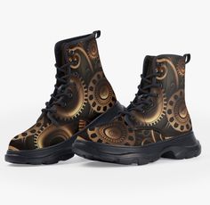 Looking for that stunning pair steampunk boots to mix with that steam punk look you crave.  Here they are.  Printed on Vegan Leather with the gears and clockwork design that is all Steampunk. SOURCING: While all my designs are created and curated in my Florida studio, I rely on a network of artists and suppliers to bring these designs to life. This production takes place both within the United States and internationally. The basic materials, such as fabrics and ceramics, are sourced globally, si Punk Combat Boots, Steampunk Bag, Steampunk Shoes, Steampunk Boots, Punk Looks, Steampunk Clock, Punk Shoes, Steampunk Decor, Style Steampunk