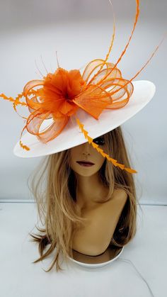 Beautiful White sinamay Fascinator with hot pink and orange. Sinamay  for all occasions- Bridesmaids Hat Kentucky Derby Cocktail Party Tea Party Guest Easter and so on. - Ready to ship - Fast Shipping - Free Shipping - Group discount availalble - Customize by adding different color flowers and or feathers Check my store for more styles and colors.  Hatsandpearls.etsy.com Find more at my website for more styles: www.hatsandpearls.com  Reach out to me if you can't find what you are looking for.  I Orange Fascinator For Spring Races, Orange Spring Fascinator For Races, Spring Races Orange Fascinator, Orange Spring Races Fascinator, Orange Summer Fascinator For Races, Spring Orange Fascinator With Curved Brim, Summer Orange Fitted Fascinator, Orange Evening Hats For Spring, Orange Mini Hat For Kentucky Derby Races